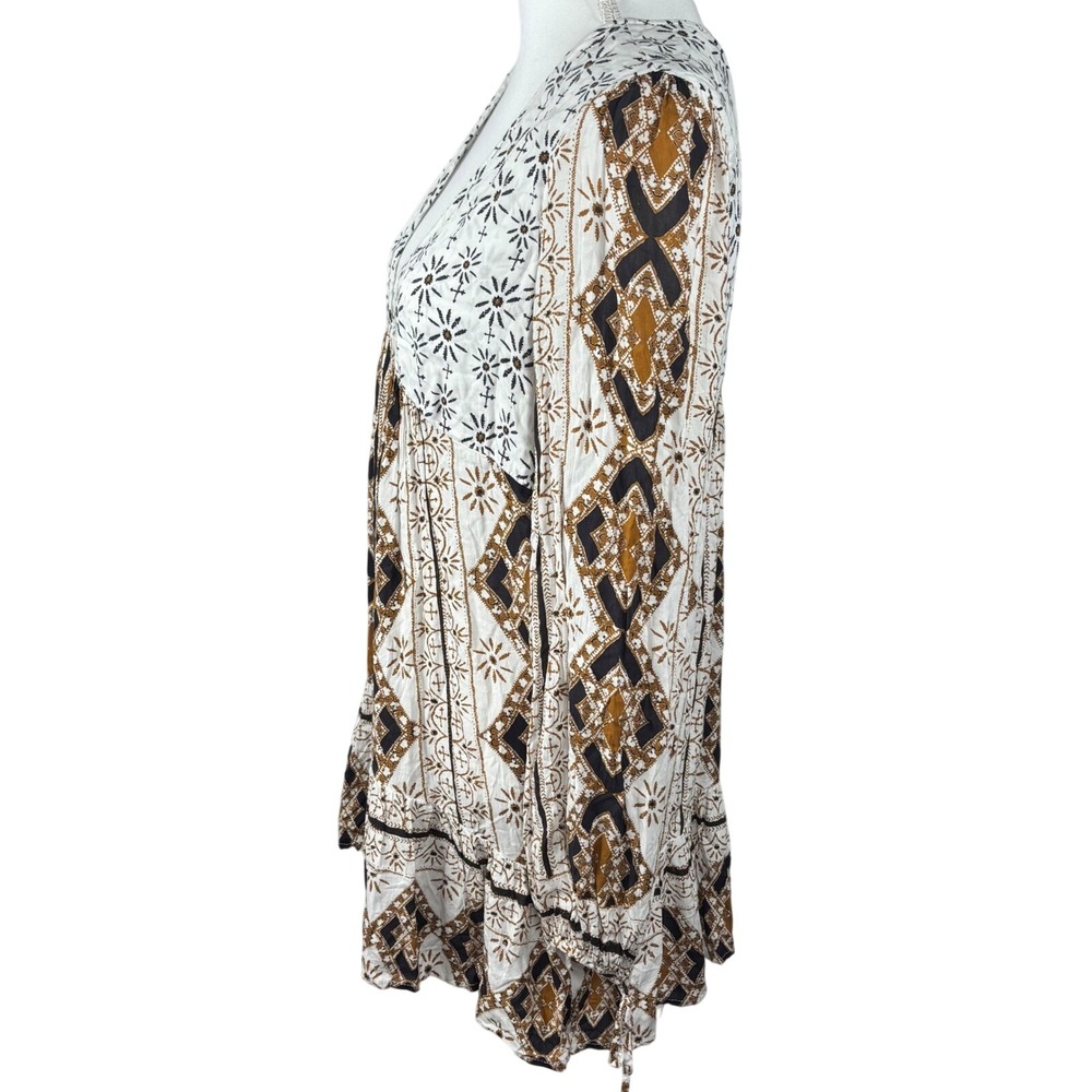Free People Women Large White Brown Geometric Medallion Boho Mini Dress OB456201 - Picture 9 of 9